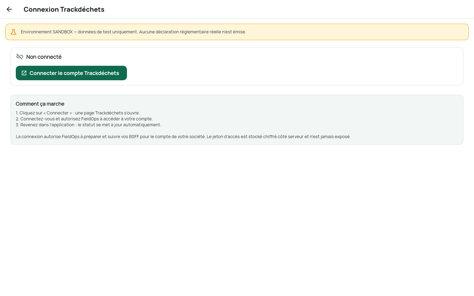 Écran Connexion Trackdéchets : bannière environnement Sandbox, bouton « Connecter le compte Trackdéchets » et pas-à-pas