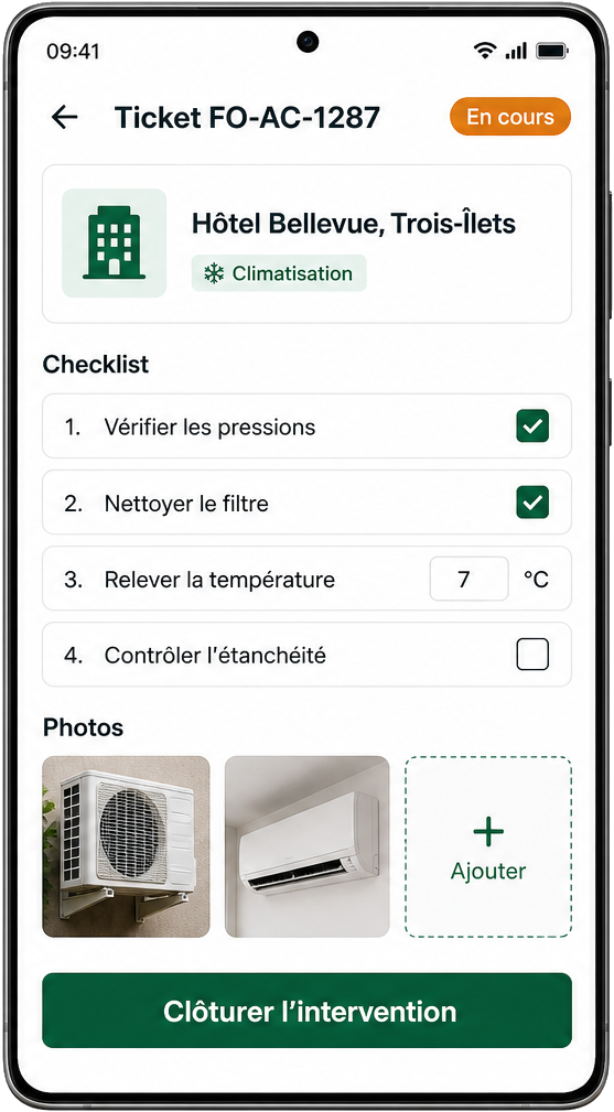 Détail d'un ticket avec checklist dans FieldOps